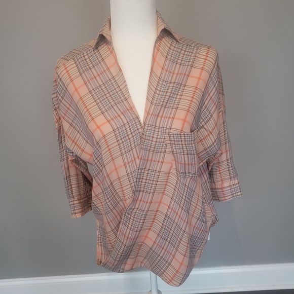 Anthropologie Holding Horses plaid peach wrap top, size 2 - Picture 2 of 6